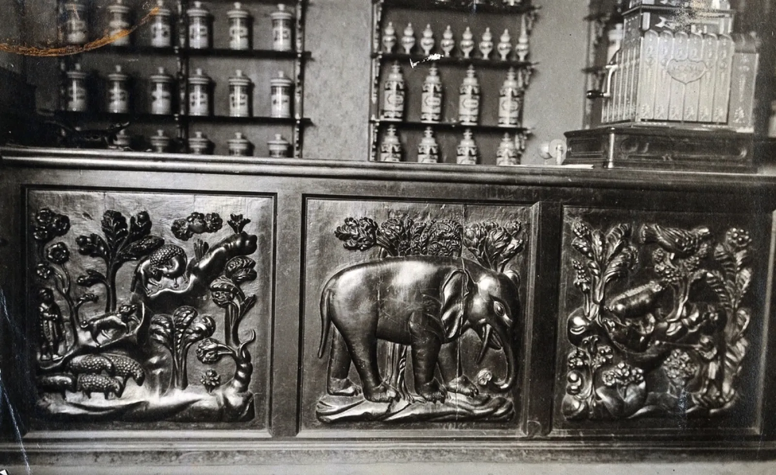 seventeenth-century wooden pharmacy counter carved